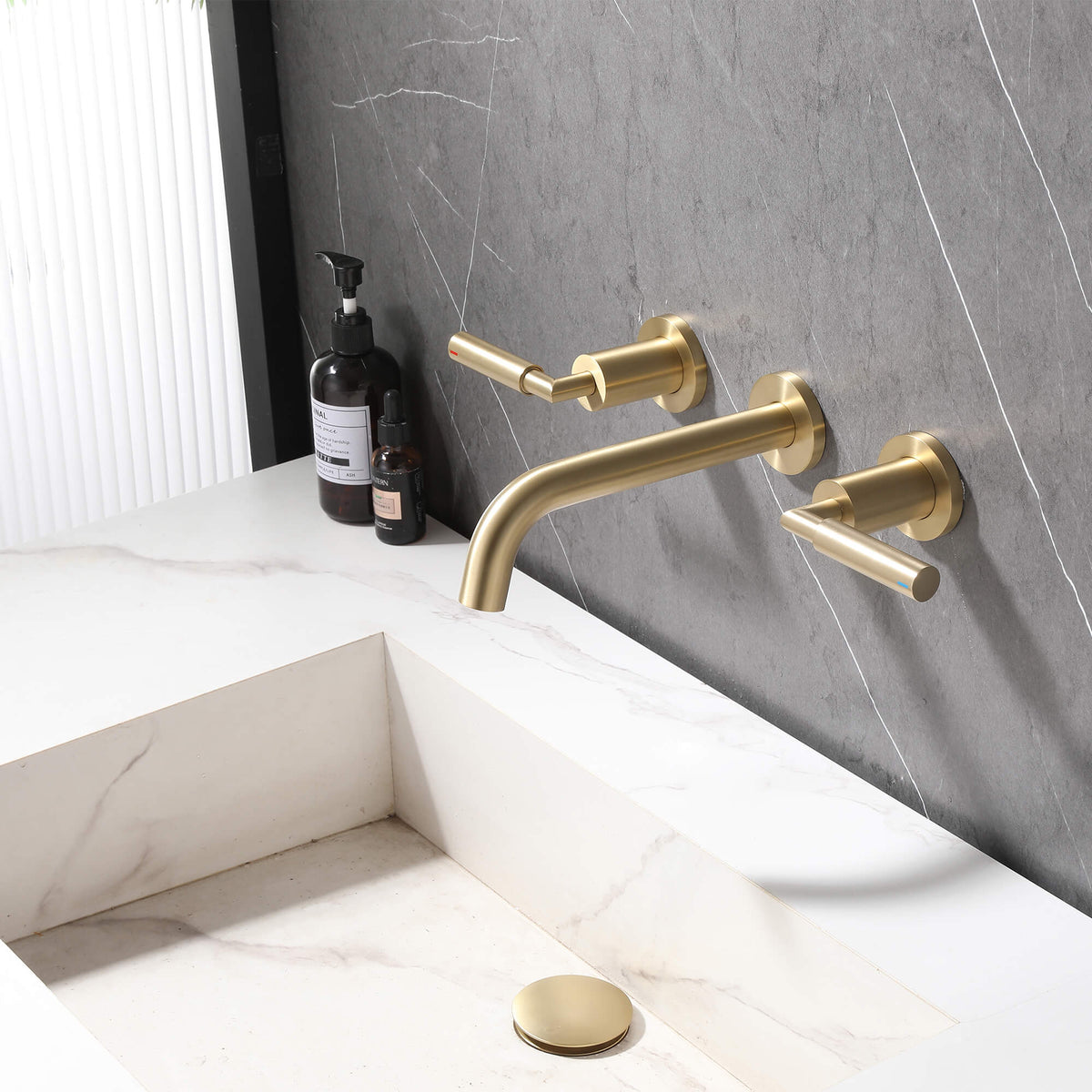 Wall-Mounted Bathroom Faucet with Drain Assembly Solid Brass Sink Mixer Set