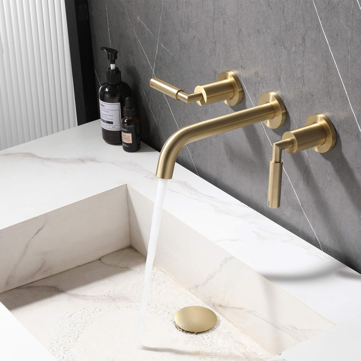 Wall-Mounted Bathroom Faucet with Drain Assembly Solid Brass Sink Mixer Set
