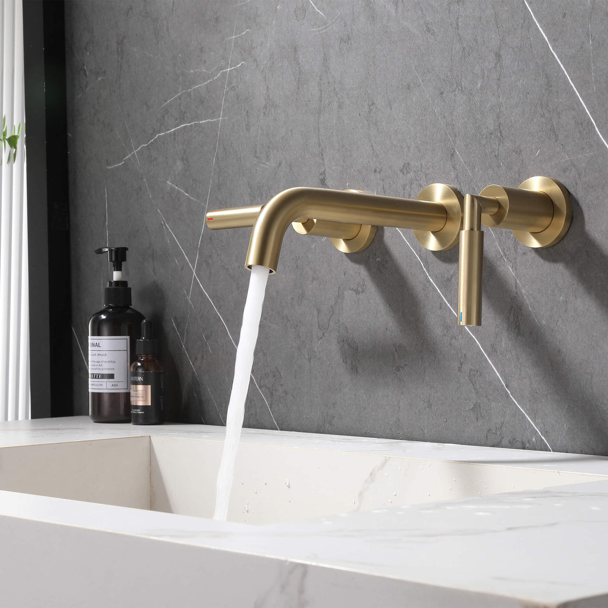 Wall-Mounted Bathroom Faucet with Drain Assembly Solid Brass Sink Mixer Set
