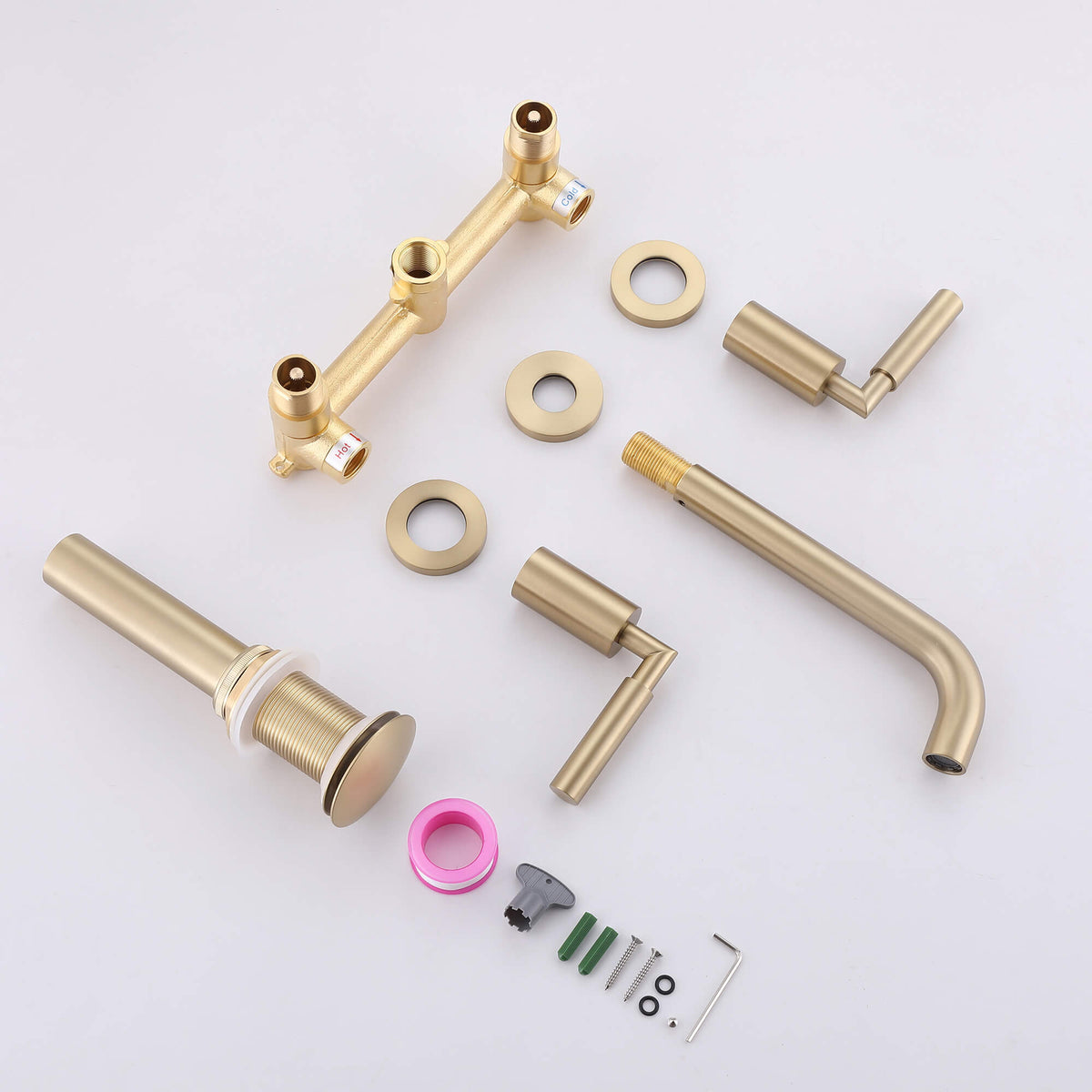 Wall-Mounted Bathroom Faucet with Drain Assembly Solid Brass Sink Mixer Set