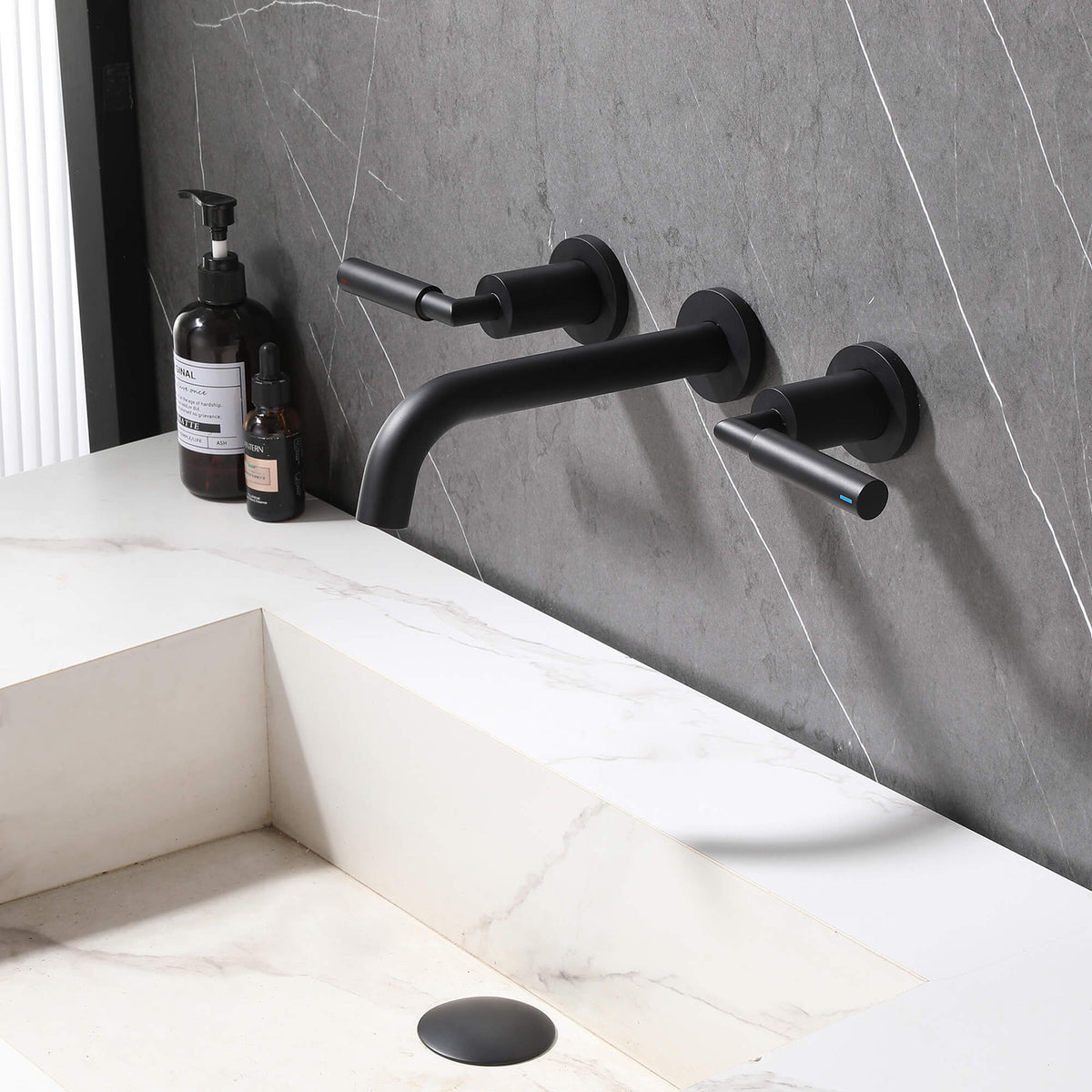 Wall-Mounted Bathroom Faucet with Drain Assembly Solid Brass Sink Mixer Set