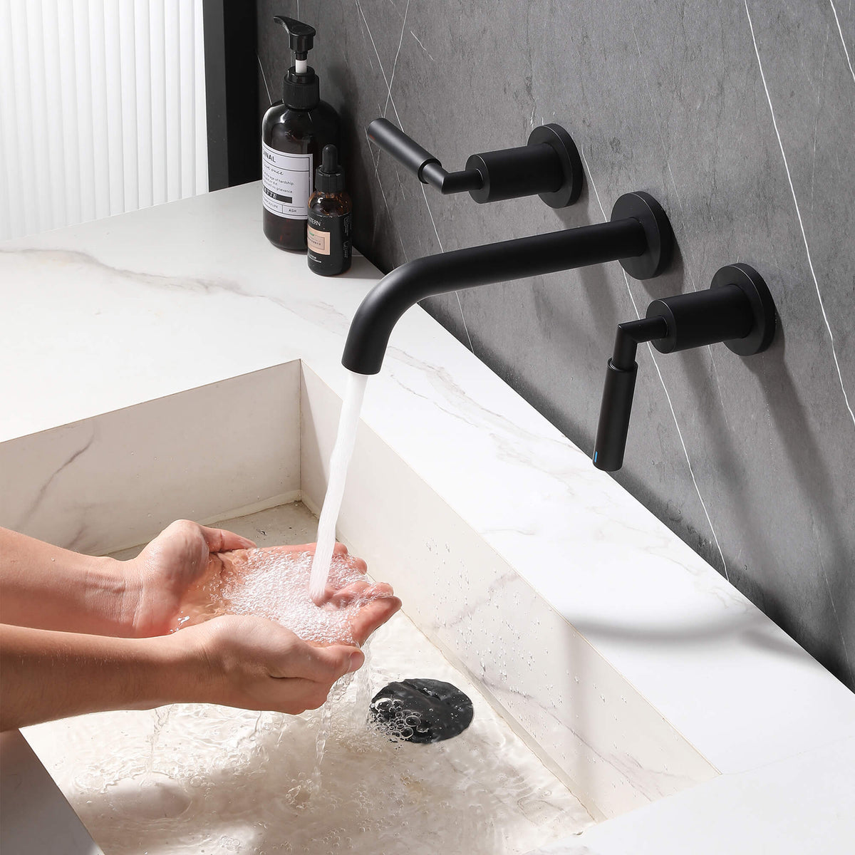 Wall-Mounted Bathroom Faucet with Drain Assembly Solid Brass Sink Mixer Set