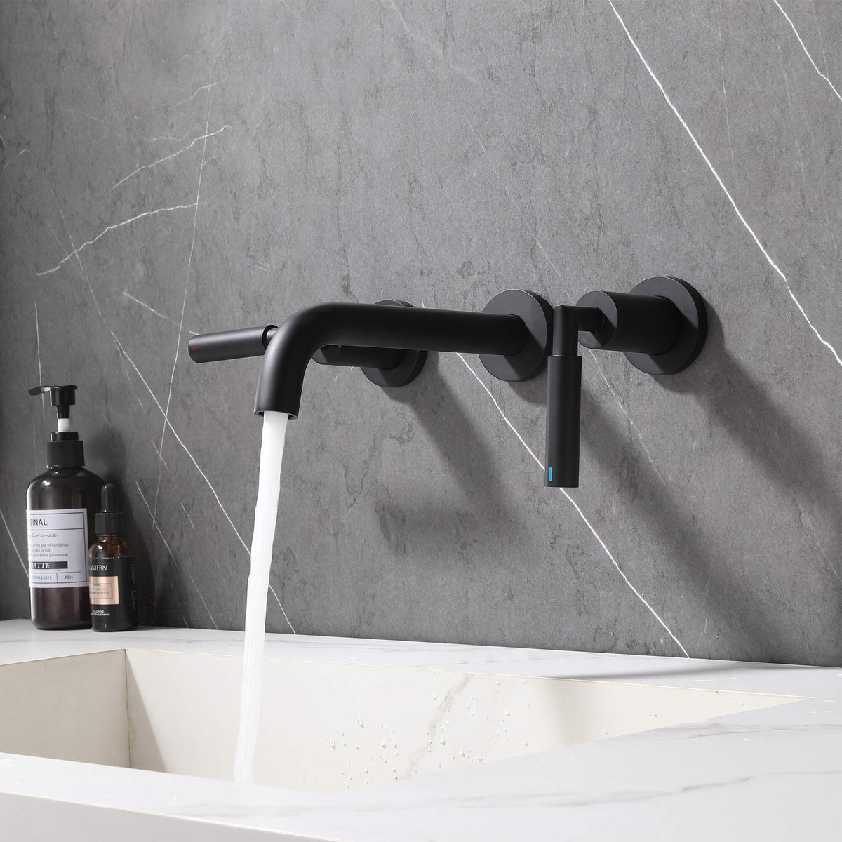 Wall-Mounted Bathroom Faucet with Drain Assembly Solid Brass Sink Mixer Set