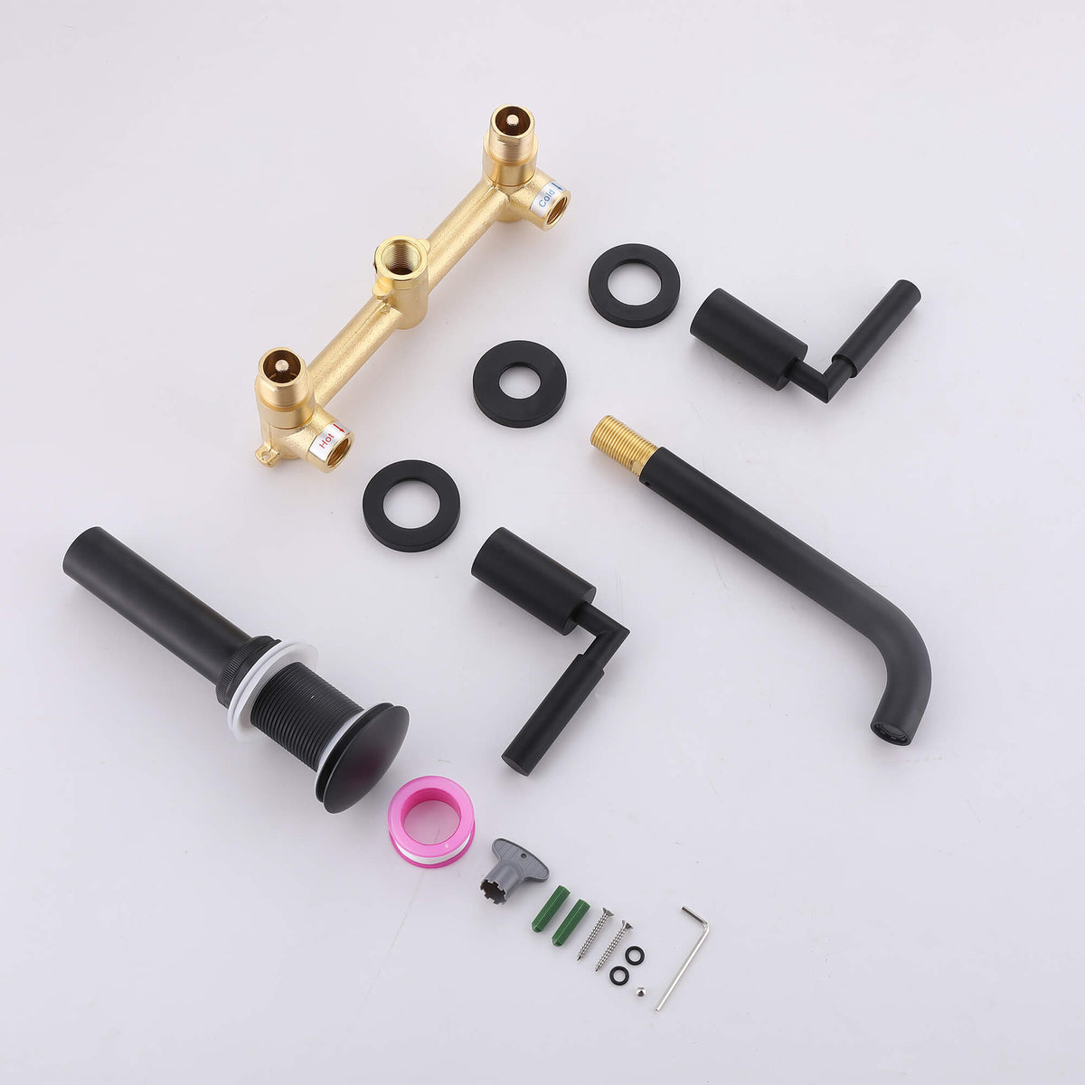 Wall-Mounted Bathroom Faucet with Drain Assembly Solid Brass Sink Mixer Set