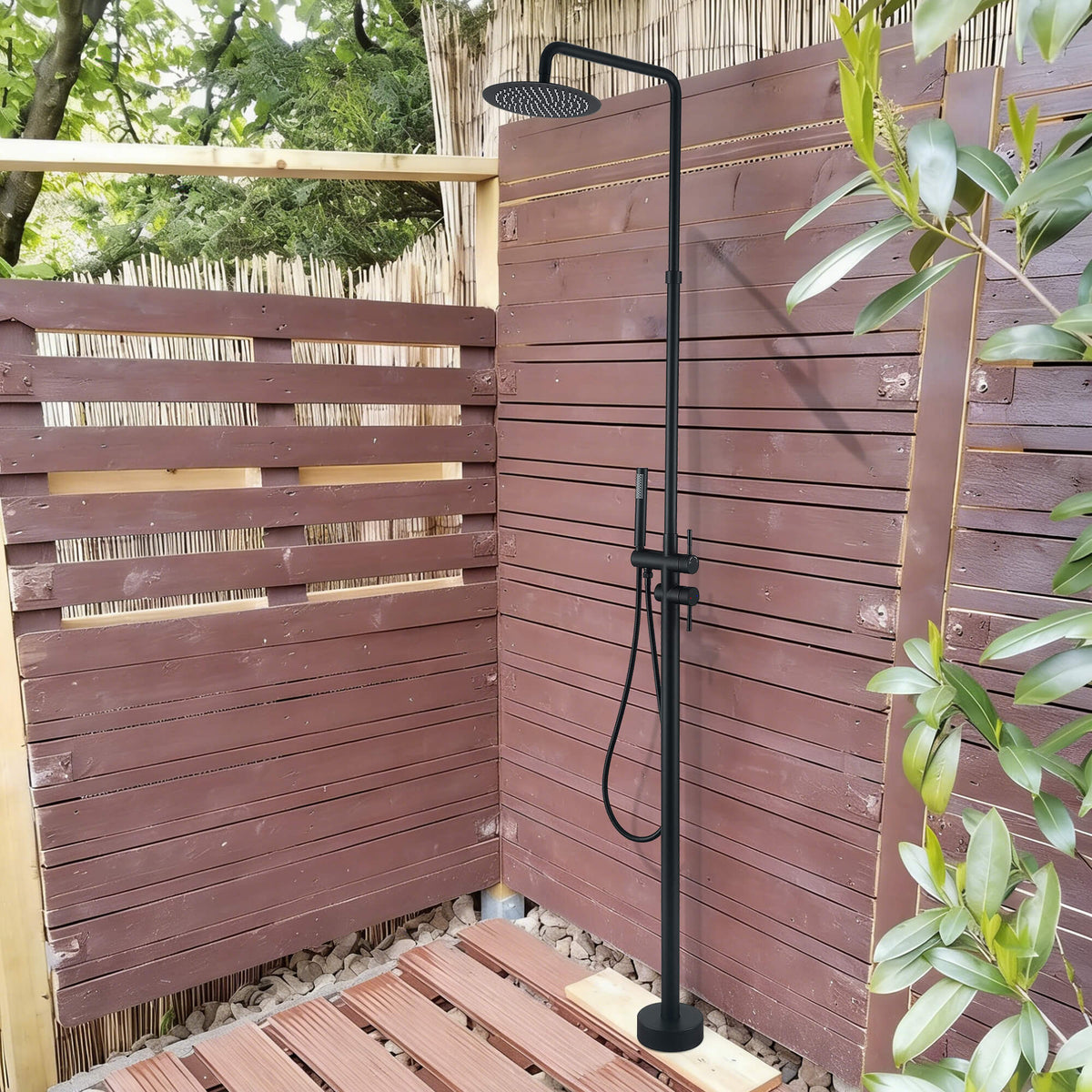 304 Stainless Steel Outdoor Shower Adjustable Height Freestanding Shower with Rainfall & Handheld Head
