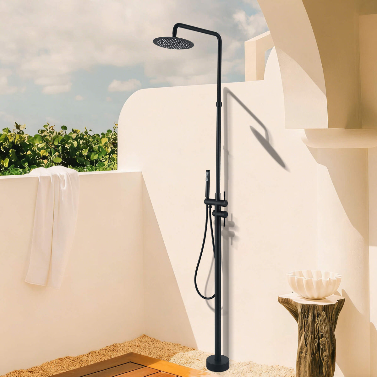 304 Stainless Steel Outdoor Shower Adjustable Height Freestanding Shower with Rainfall & Handheld Head
