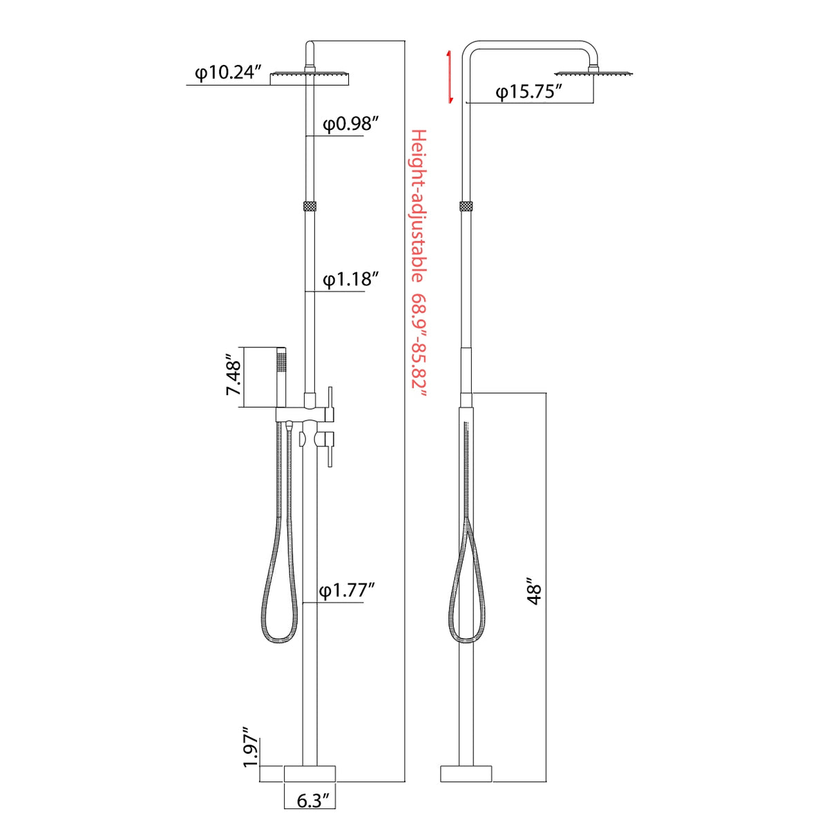 304 Stainless Steel Outdoor Shower Adjustable Height Freestanding Shower with Rainfall & Handheld Head