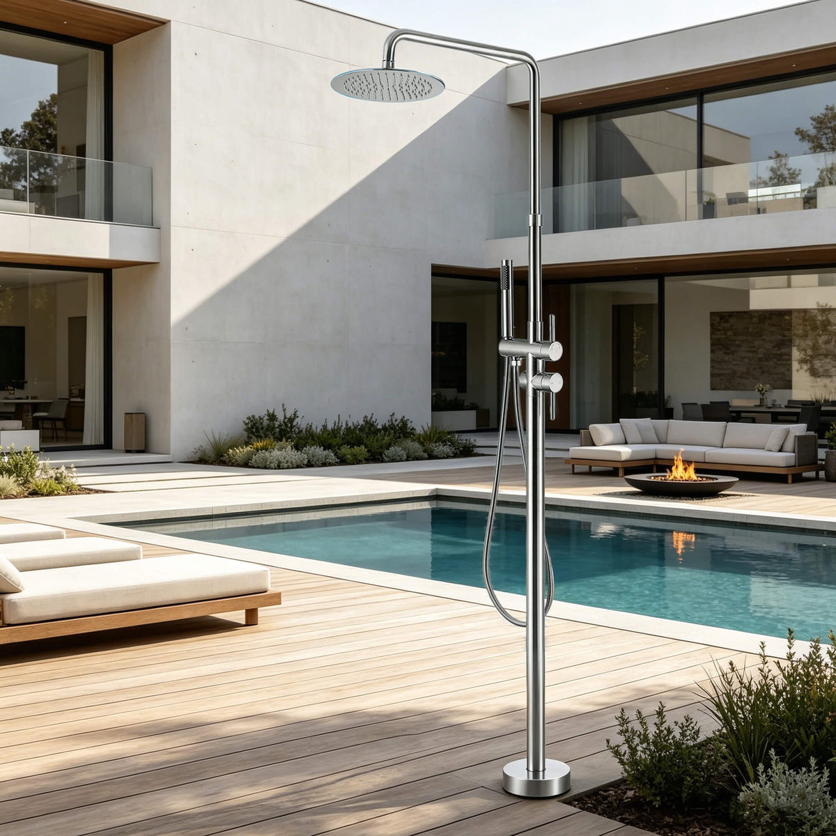 304 Stainless Steel Outdoor Shower Adjustable Height Freestanding Shower with Rainfall & Handheld Head