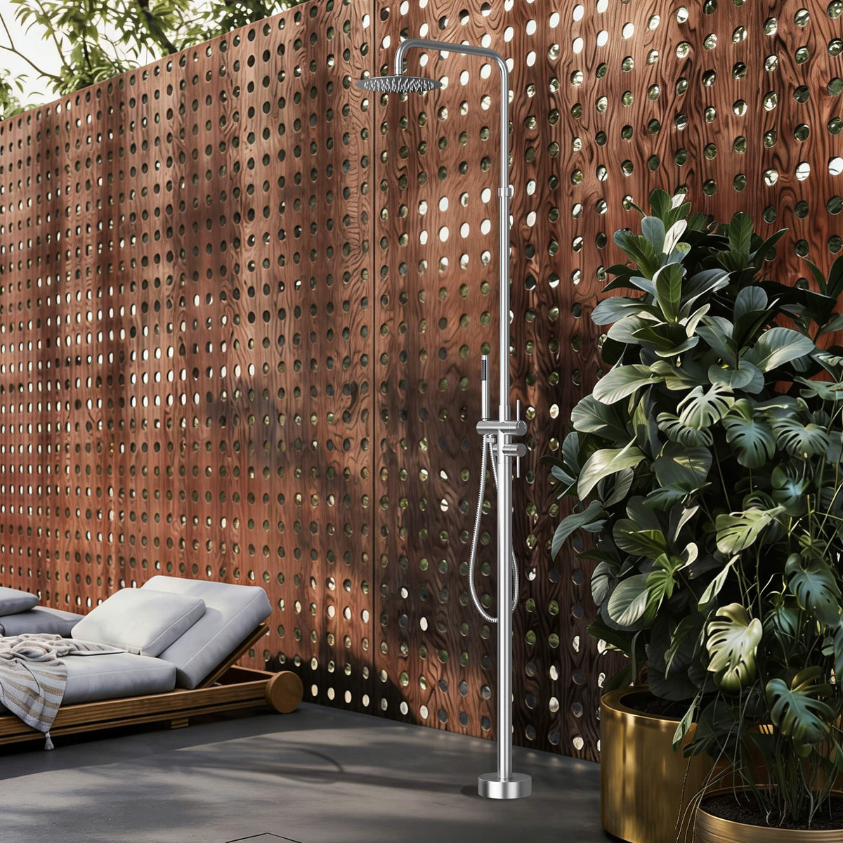 304 Stainless Steel Outdoor Shower Adjustable Height Freestanding Shower with Rainfall & Handheld Head