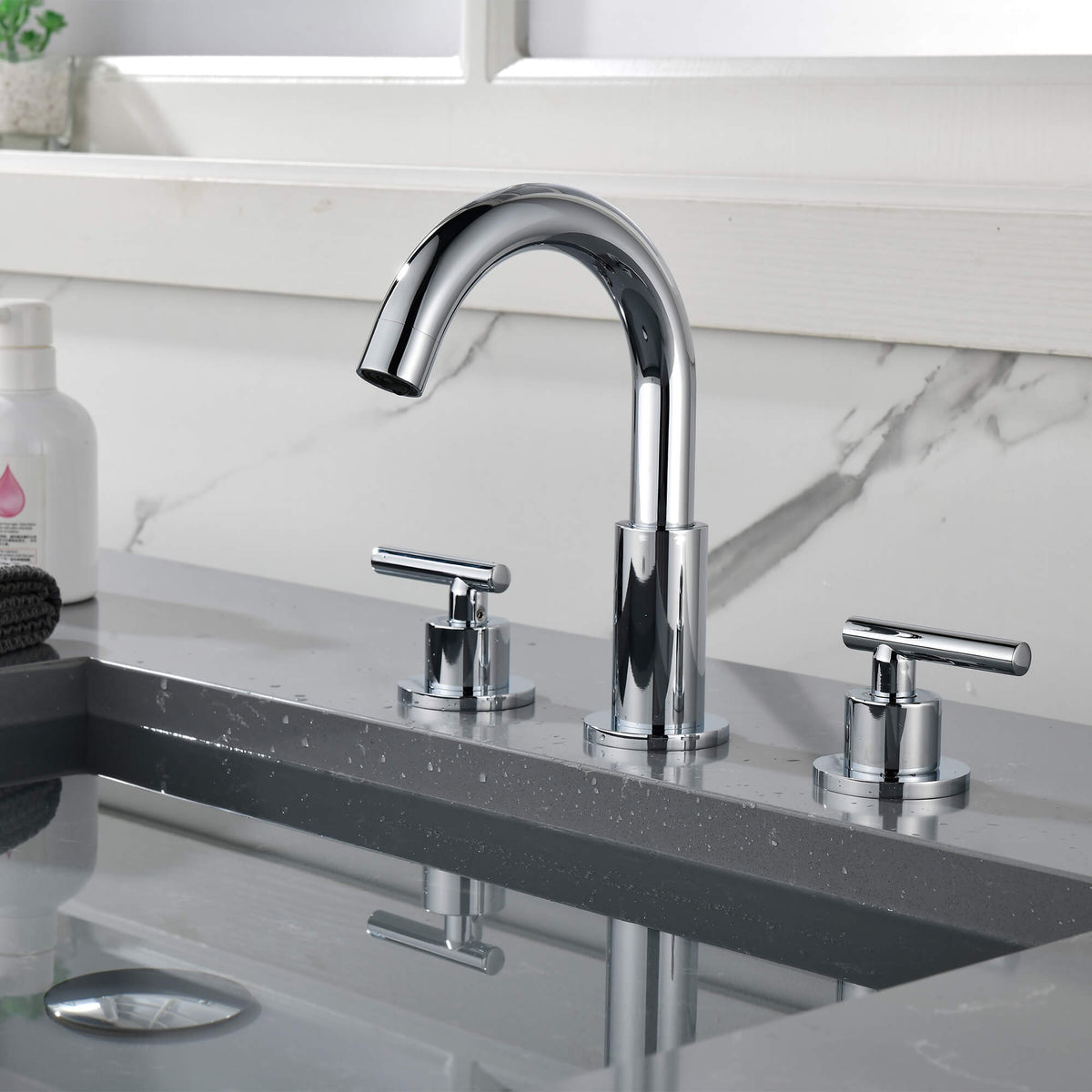 Widespread Bathroom Faucet with Dual Handles and Stainless Steel Pop-Up Drain