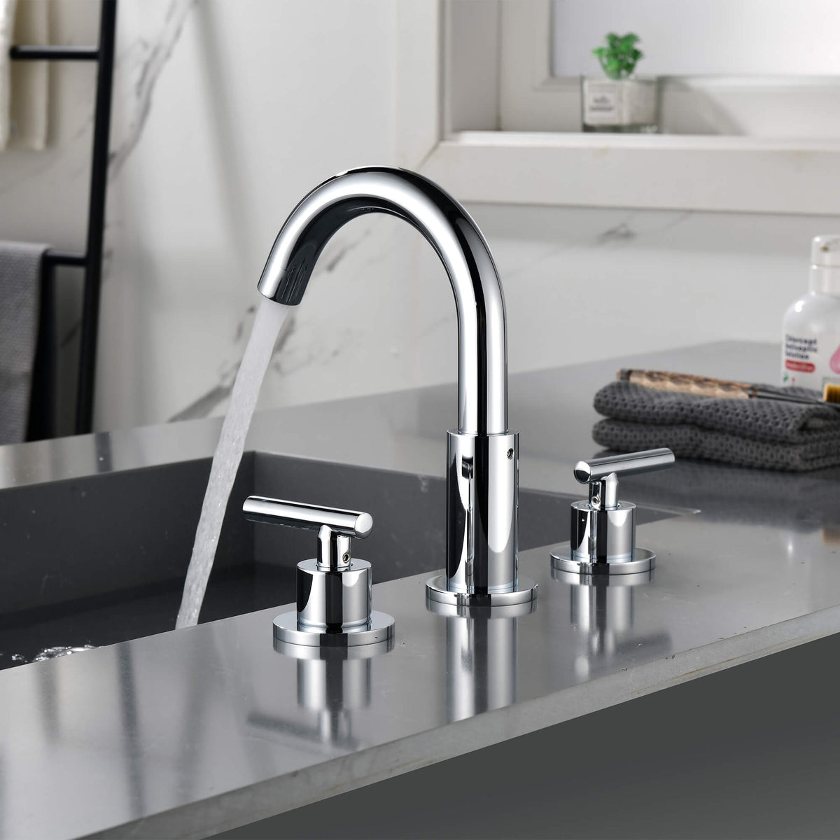 Widespread Bathroom Faucet with Dual Handles and Stainless Steel Pop-Up Drain