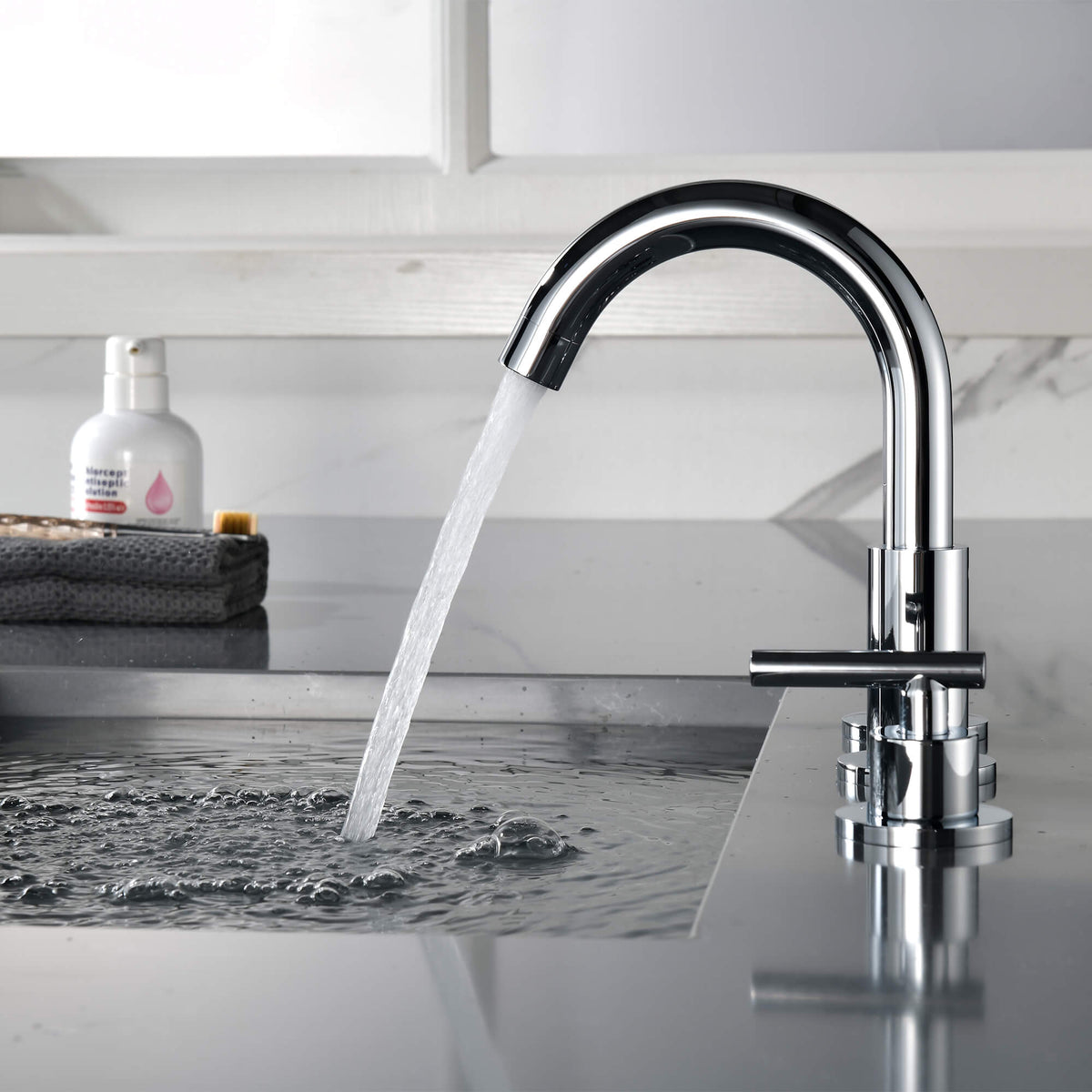 Widespread Bathroom Faucet with Dual Handles and Stainless Steel Pop-Up Drain