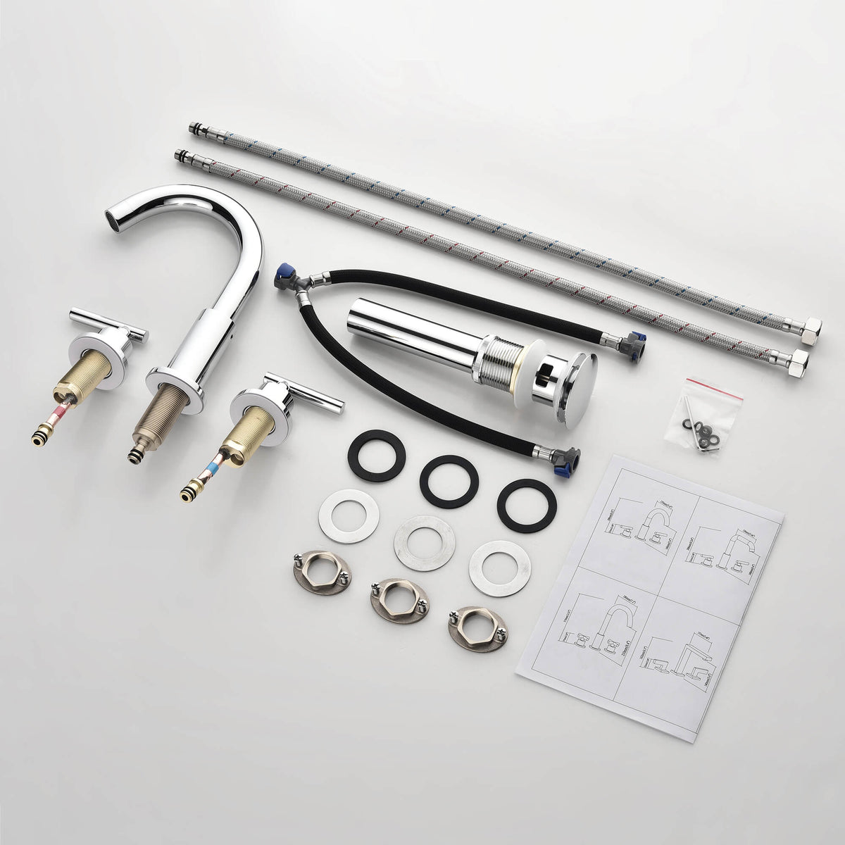 Widespread Bathroom Faucet with Dual Handles and Stainless Steel Pop-Up Drain