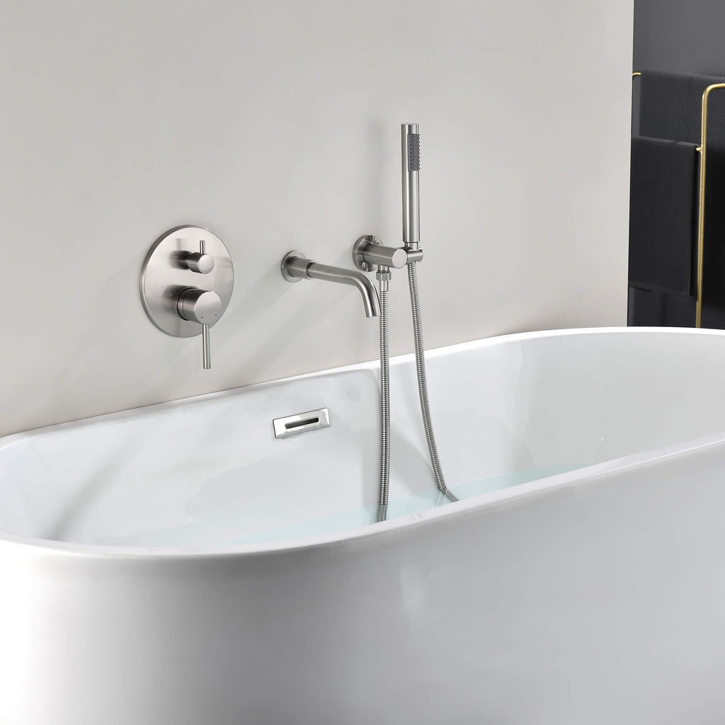 Wall-Mounted Tub Faucet with Hand Shower & 360° Swivel Spout