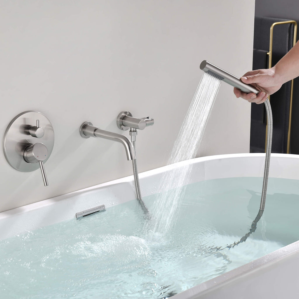 Wall-Mounted Tub Faucet with Hand Shower & 360° Swivel Spout