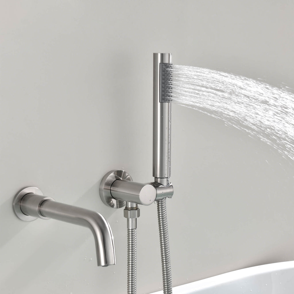 Wall-Mounted Tub Faucet with Hand Shower & 360° Swivel Spout