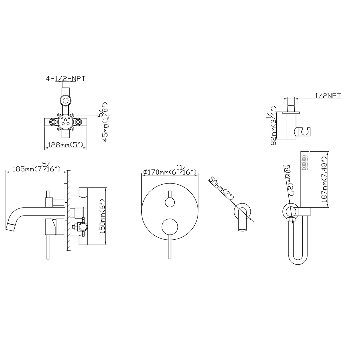 Wall-Mounted Bathtub Faucet with Handheld Hose and Mixer Tap