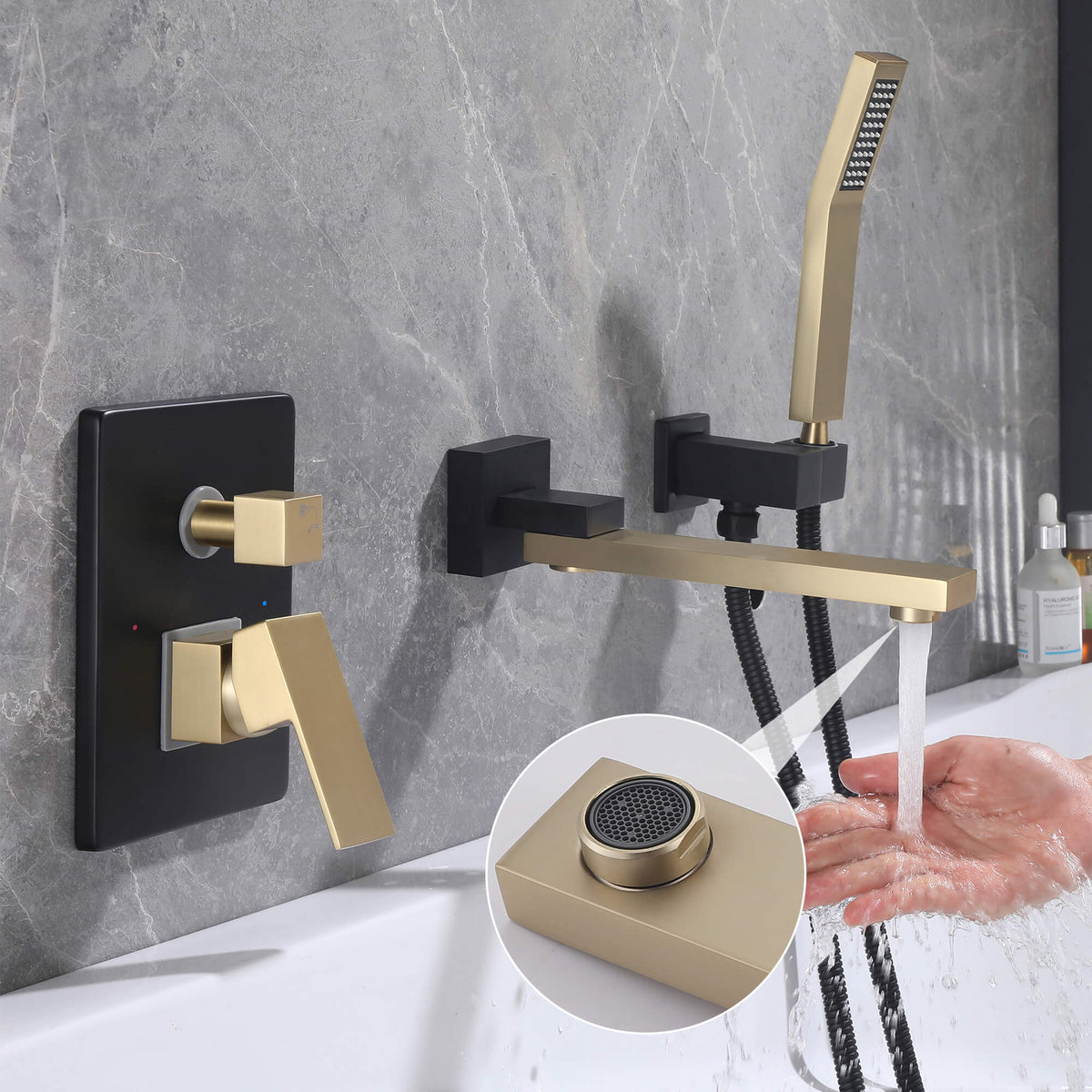 Wall-Mounted Tub Filler with Long Spout & Hand Shower