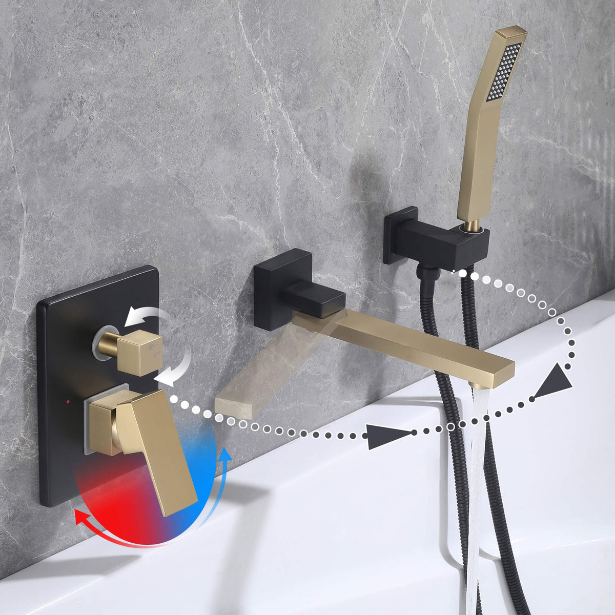 Wall-Mounted Tub Filler with Long Spout & Hand Shower