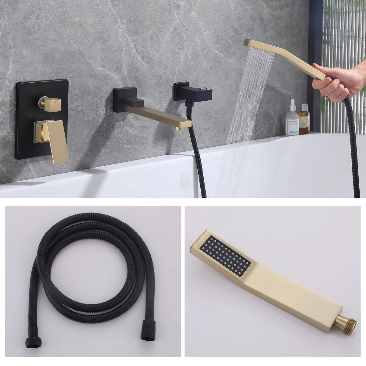 Wall-Mounted Bathtub Faucet with Hand Shower and Minimalist Control Panel