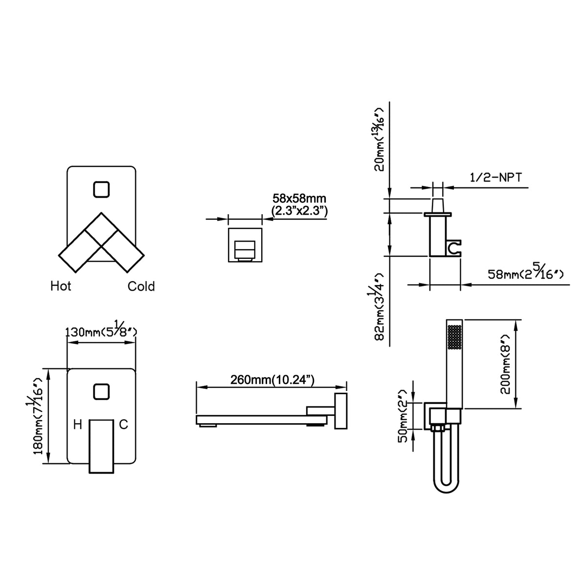 Wall-Mounted Bathtub Faucet with Hand Shower and Minimalist Control Panel