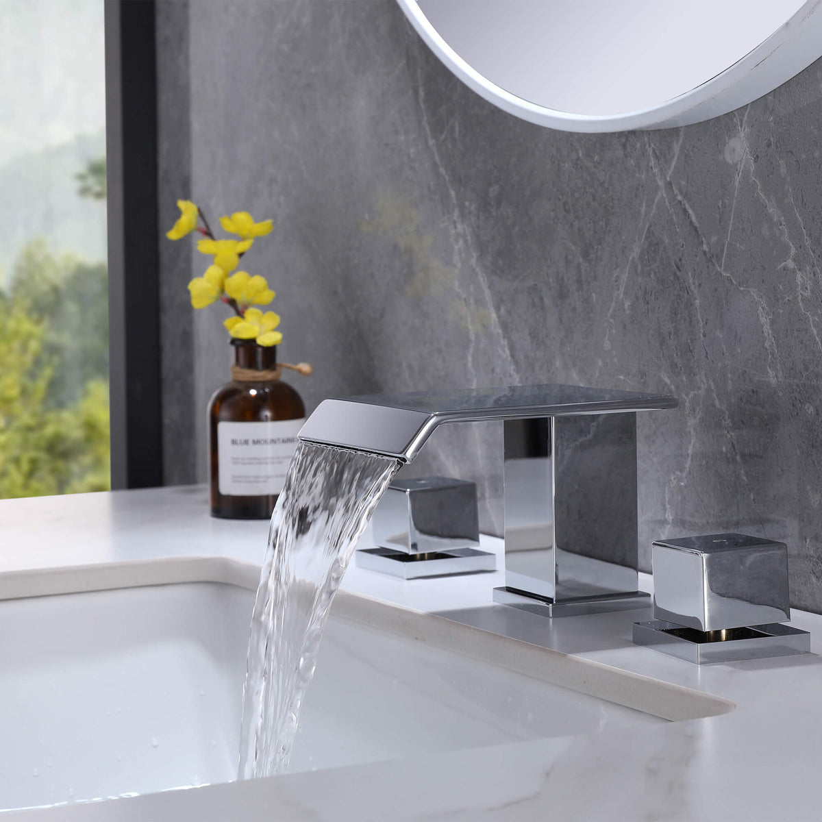 Waterfall Bathroom Faucet with Pop-Up Drain Solid Brass Vanity Sink Faucet