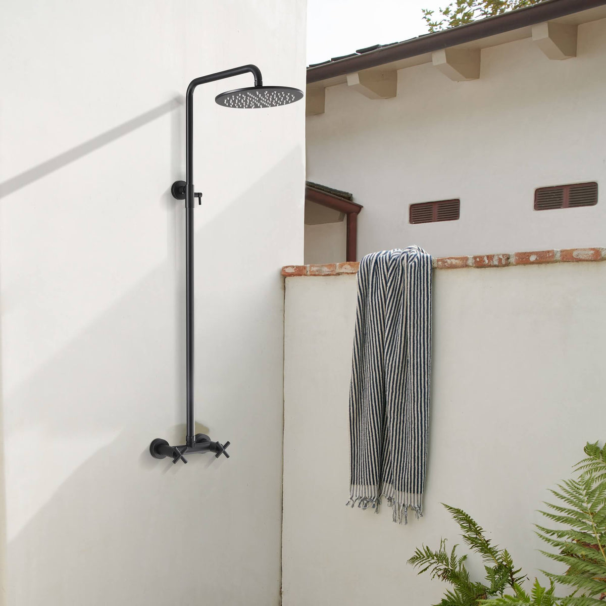 Wall-Mounted Dual Handle Outdoor Shower Fixture with 10-Inch Rain Head