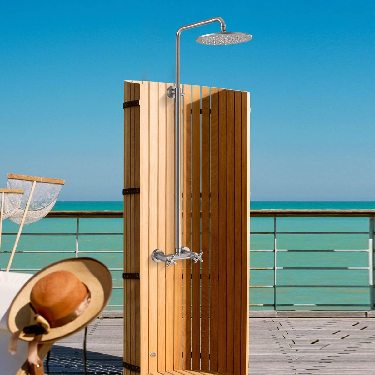 Wall-Mounted Dual Handle Outdoor Shower Fixture with 10-Inch Rain Head