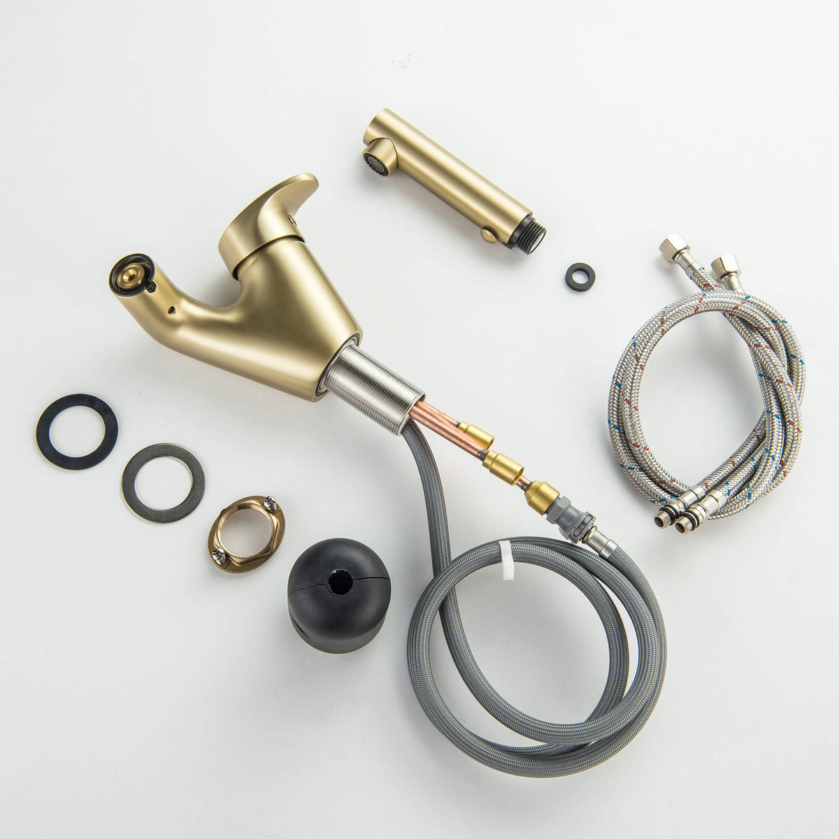 Pull-Out Bathroom Faucet Modern Single Handle Dual Spray Extendable Hose Brushed Gold