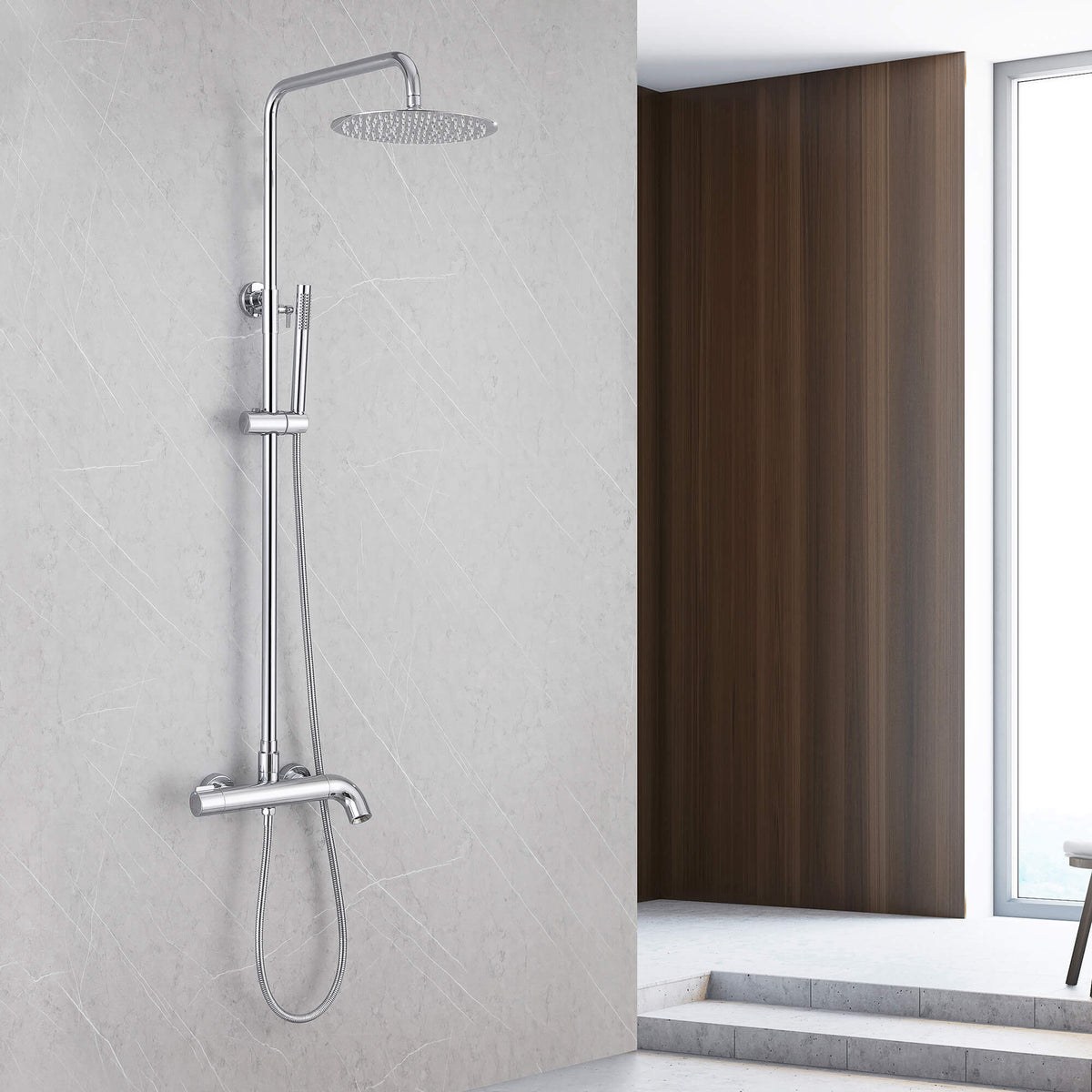 Modern Shower System with Adjustable Handheld Rainfall Head and Tub Spout