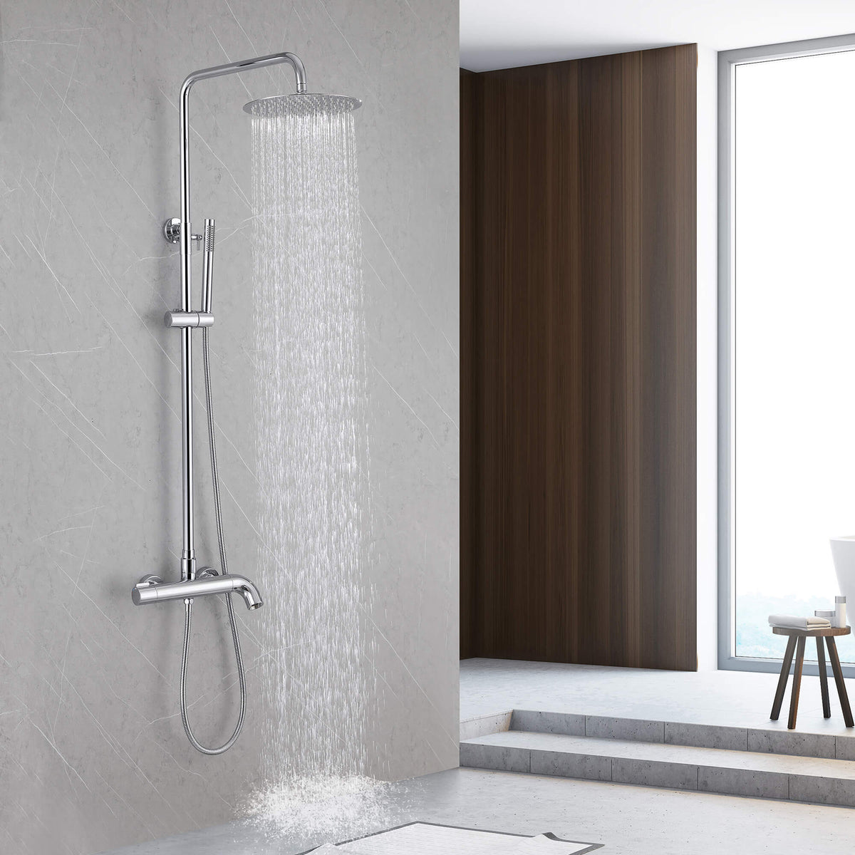 Modern Shower System with Adjustable Handheld Rainfall Head and Tub Spout