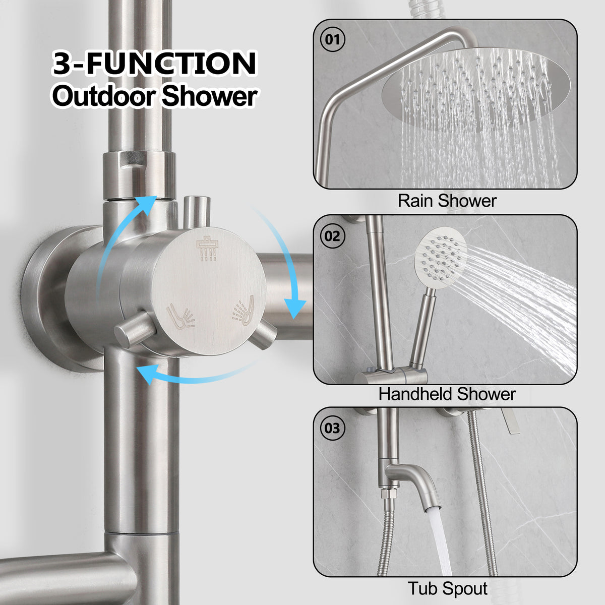 3-Function 304 Stainless Steel Wall-Mounted Outdoor Shower System