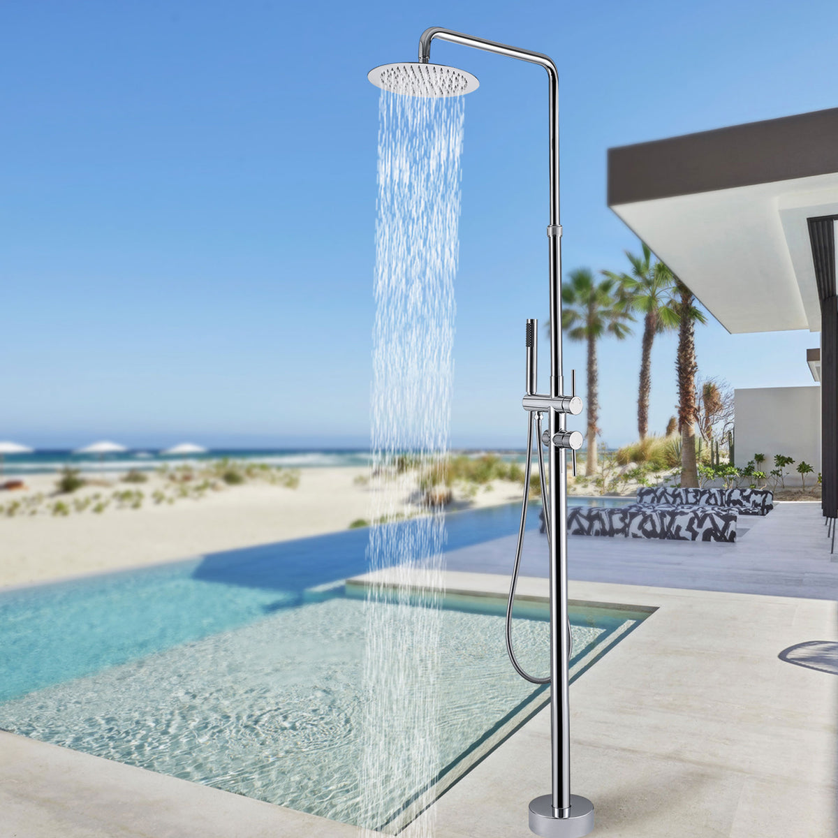 304 Stainless Steel Outdoor Shower Adjustable Height Freestanding Shower with Rainfall & Handheld Head