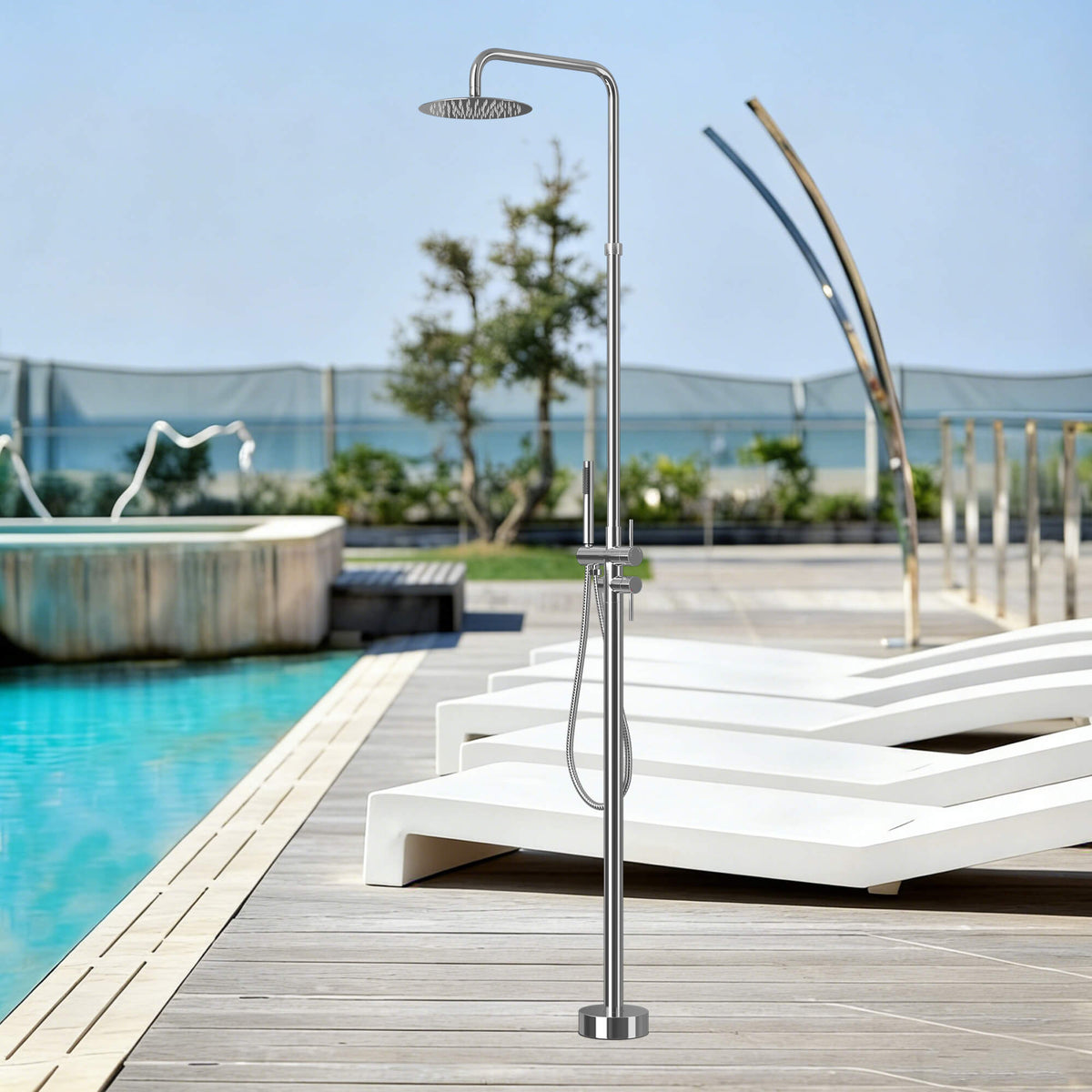 304 Stainless Steel Outdoor Shower Adjustable Height Freestanding Shower with Rainfall & Handheld Head
