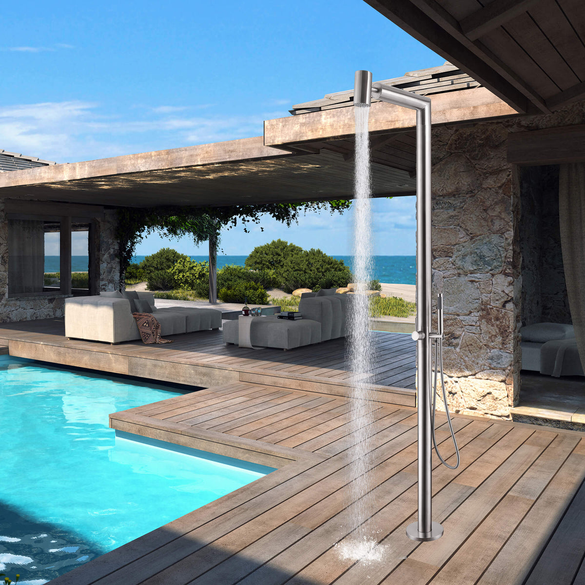 Freestanding Outdoor Shower with Handheld Sprayer 304 Stainless Steel Poolside Patio Shower System