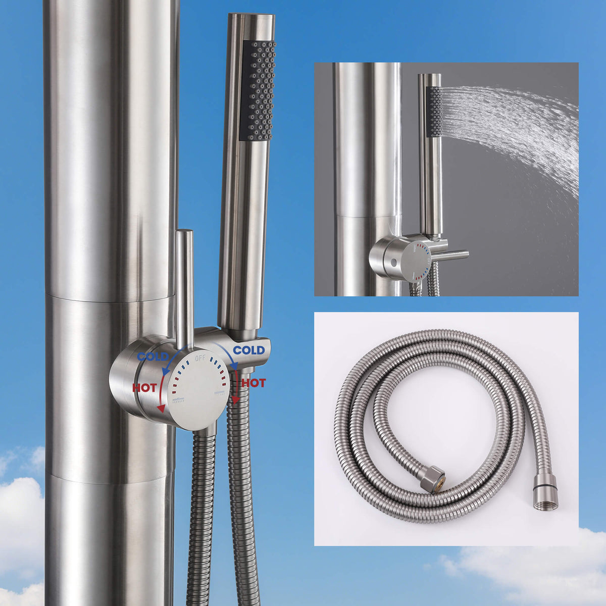 Freestanding Outdoor Shower with Handheld Sprayer 304 Stainless Steel Poolside Patio Shower System