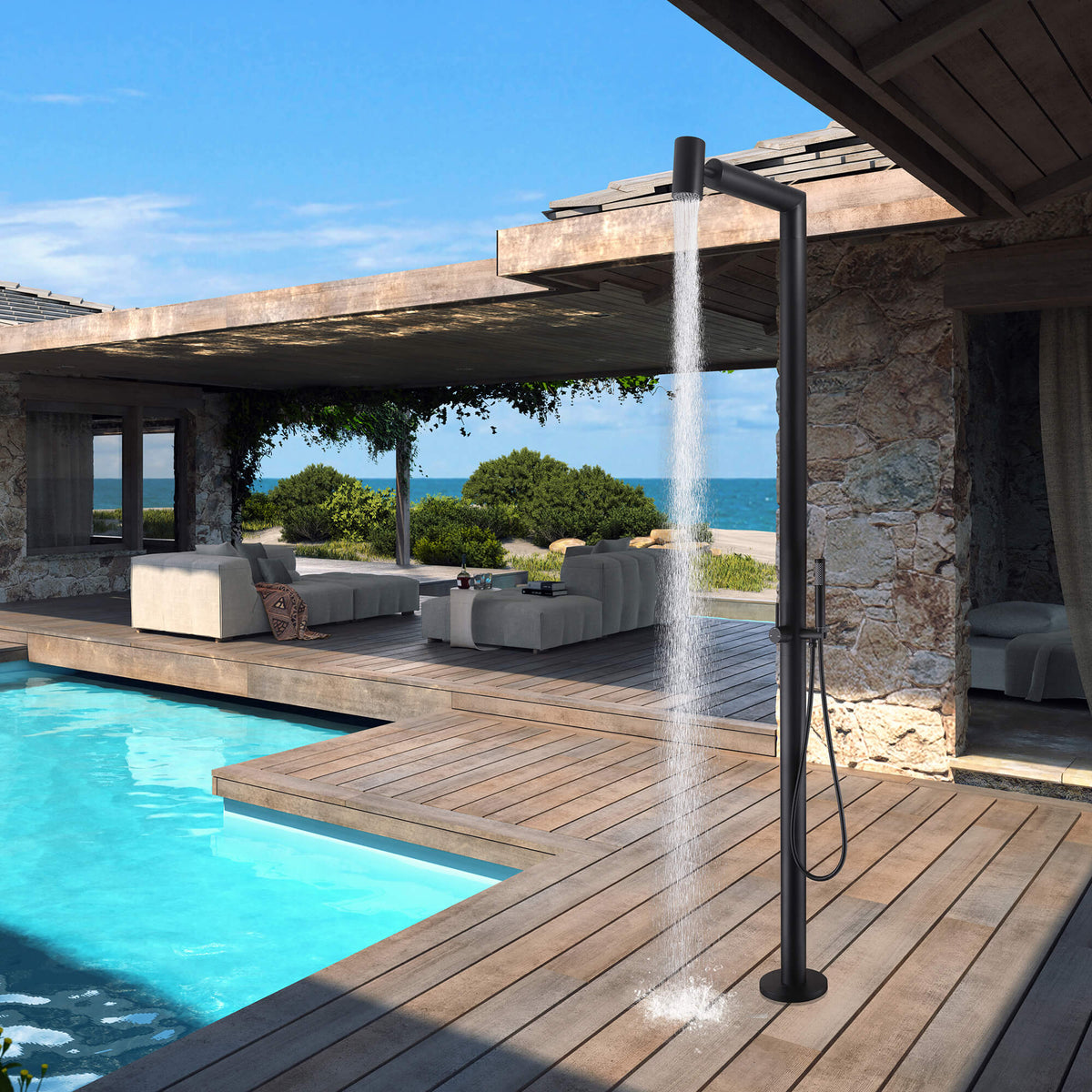 Freestanding Outdoor Shower with Handheld Sprayer 304 Stainless Steel Poolside Patio Shower System