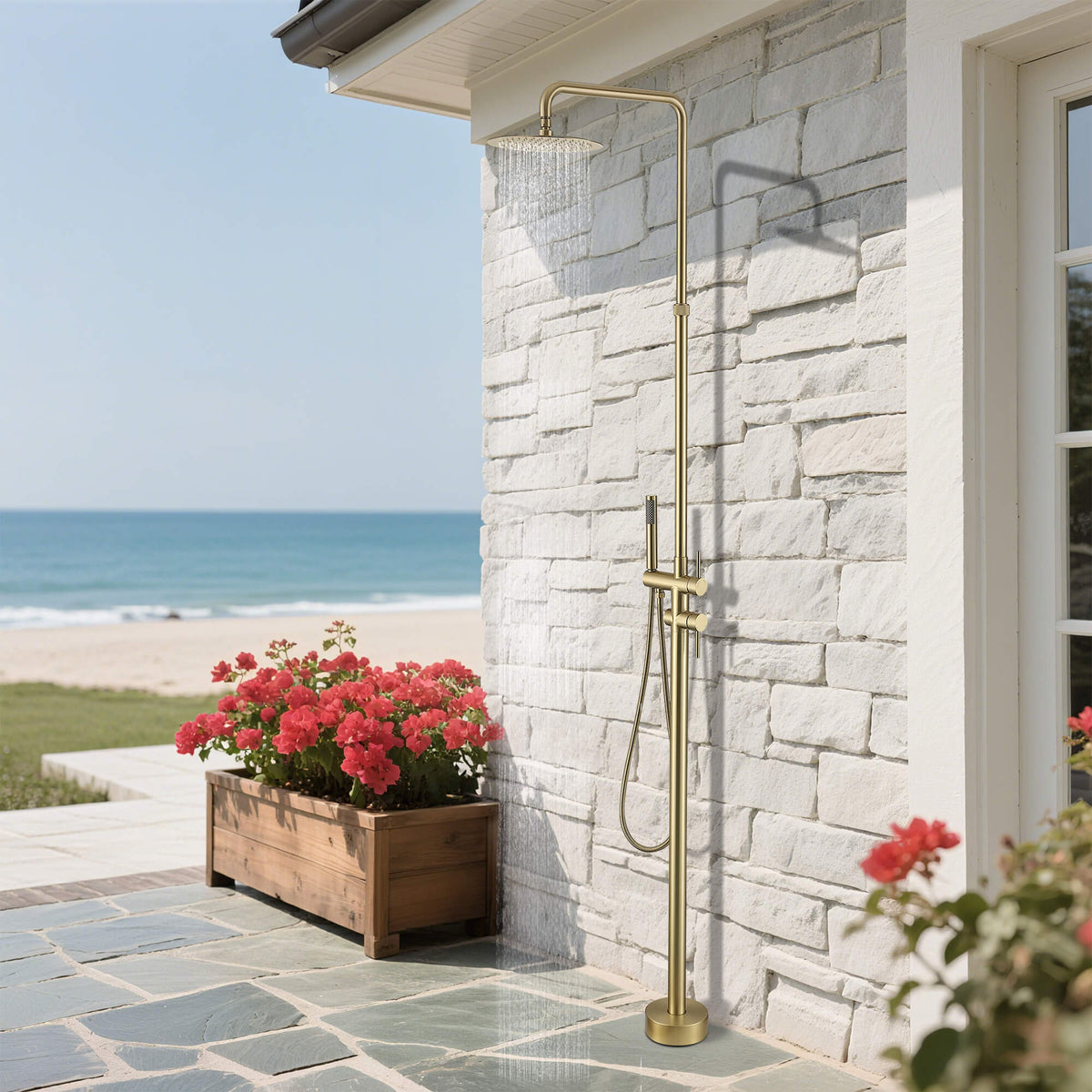 304 Stainless Steel Outdoor Shower Adjustable Height Freestanding Shower with Rainfall & Handheld Head