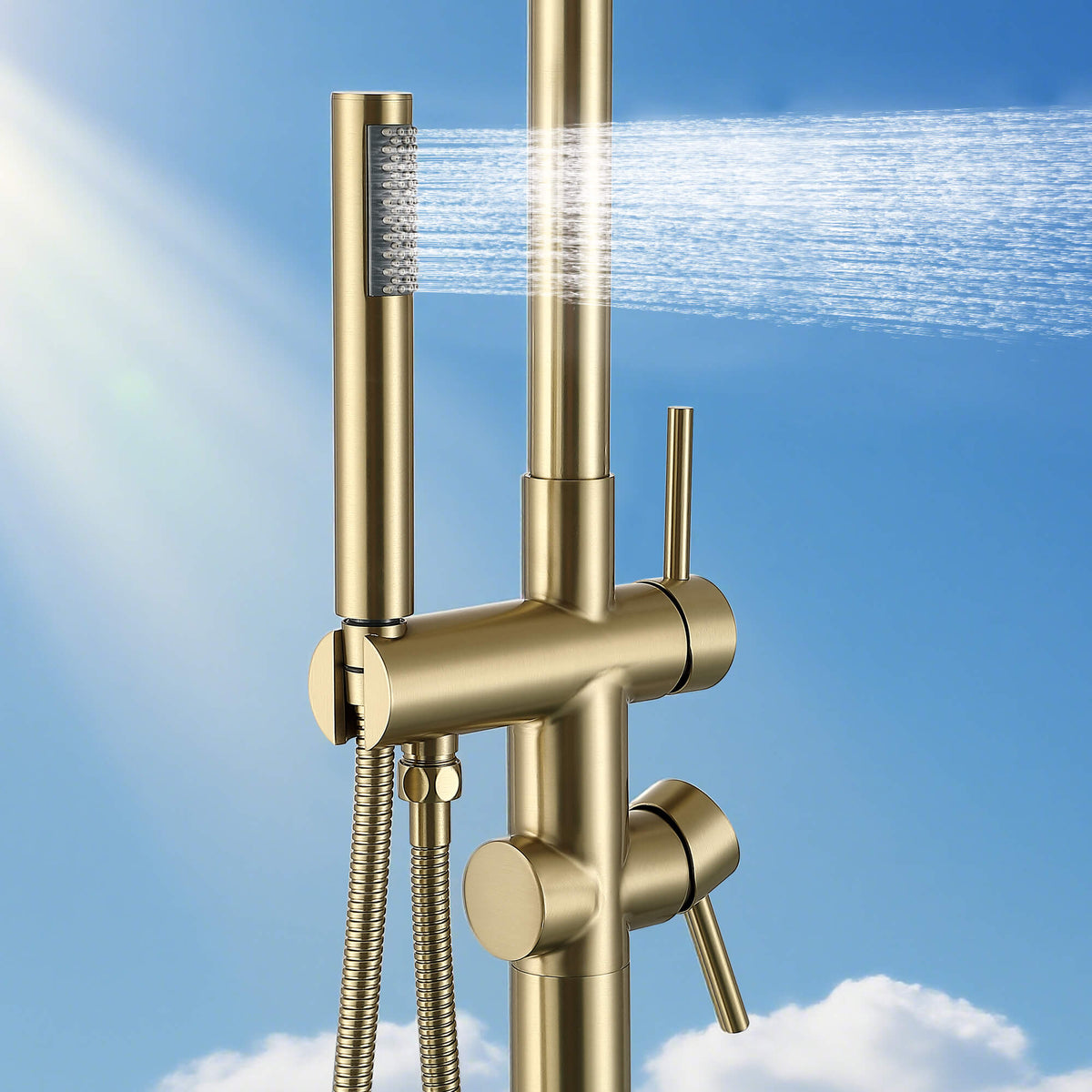 304 Stainless Steel Outdoor Shower Adjustable Height Freestanding Shower with Rainfall & Handheld Head
