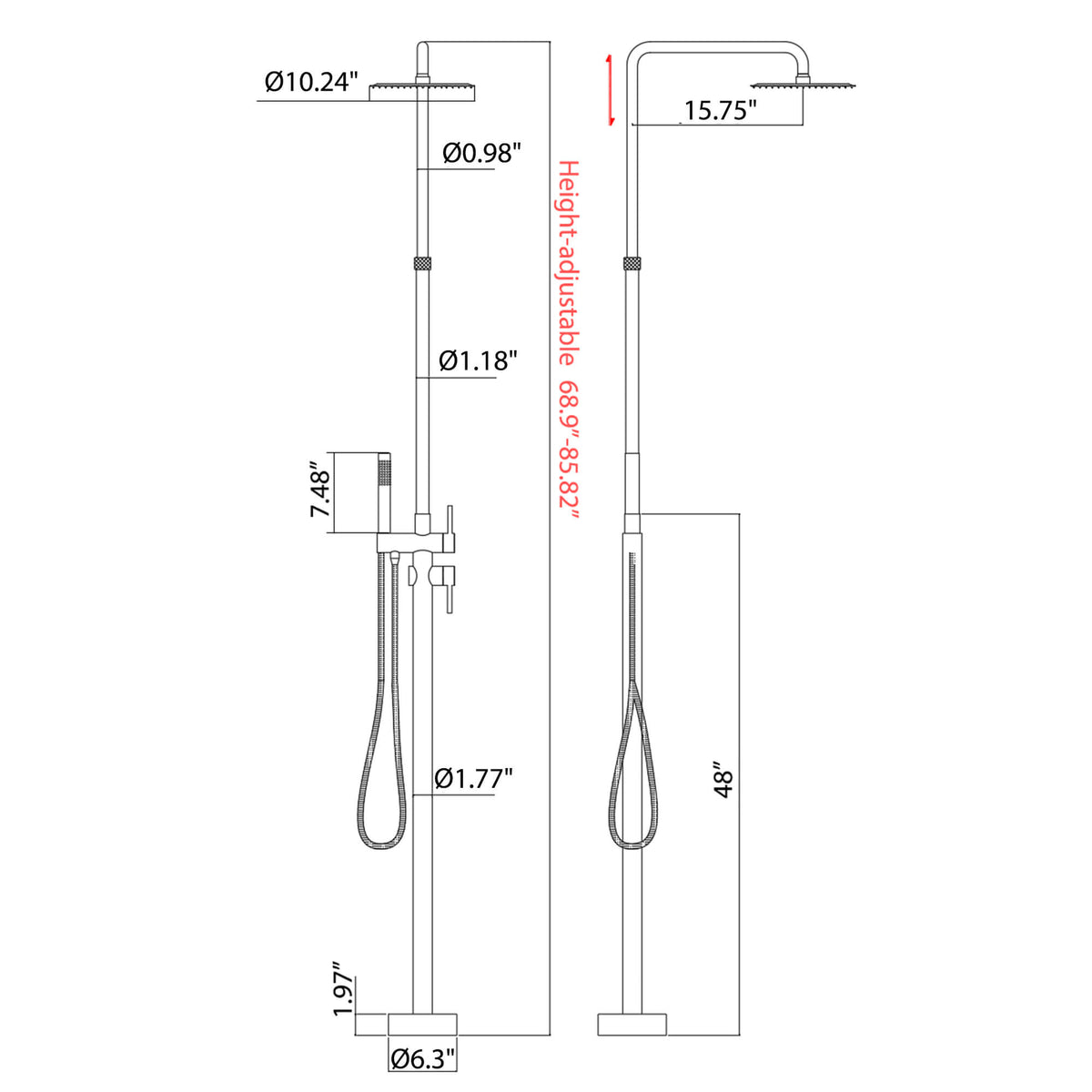304 Stainless Steel Outdoor Shower Adjustable Height Freestanding Shower with Rainfall & Handheld Head