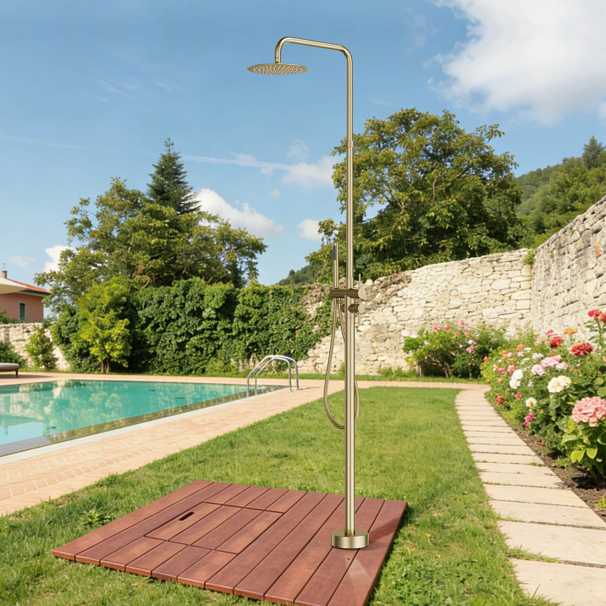 304 Stainless Steel Outdoor Shower Adjustable Height Freestanding Shower with Rainfall & Handheld Head