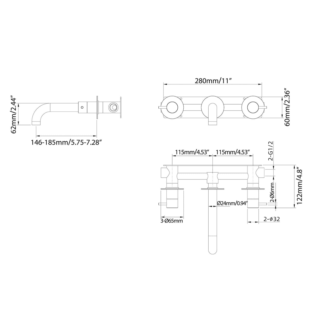 High-Flow Wall-Mounted Tub Filler with Dual Handles