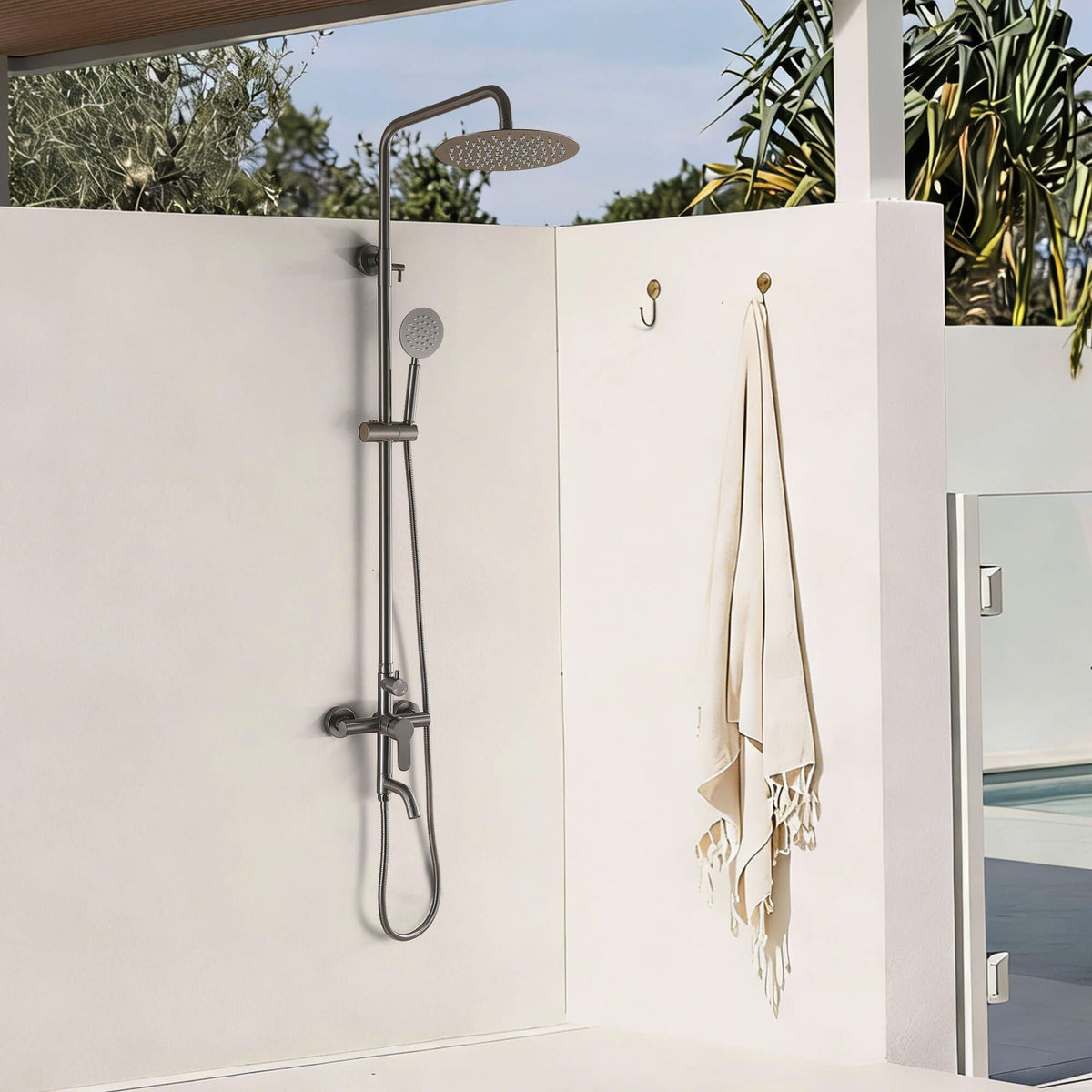 3-in-1 Outdoor Shower Set Adjustable Handheld, Rainfall & Foot Wash