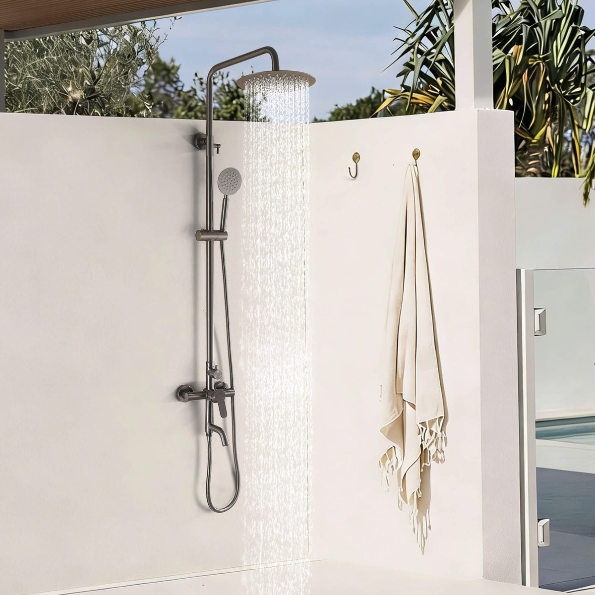 3-in-1 Outdoor Shower Set Adjustable Handheld, Rainfall & Foot Wash