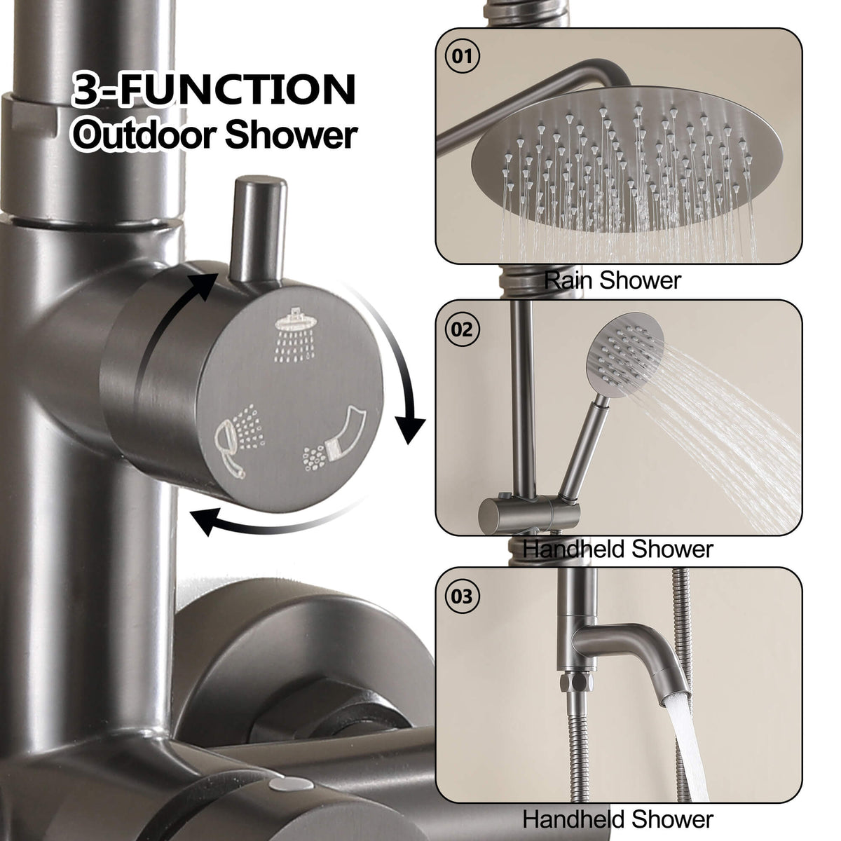 3-in-1 Outdoor Shower Set Adjustable Handheld, Rainfall & Foot Wash