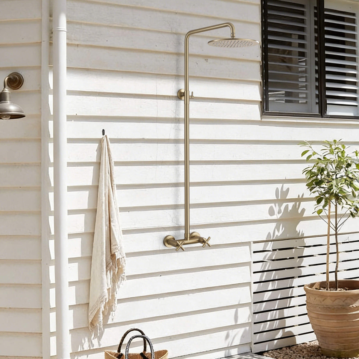 Wall-Mounted Dual Handle Outdoor Shower Fixture with 10-Inch Rain Head