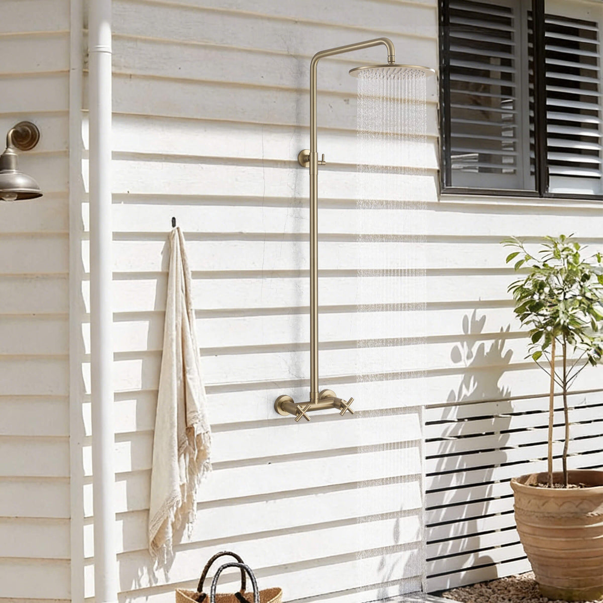 Wall-Mounted Dual Handle Outdoor Shower Fixture with 10-Inch Rain Head