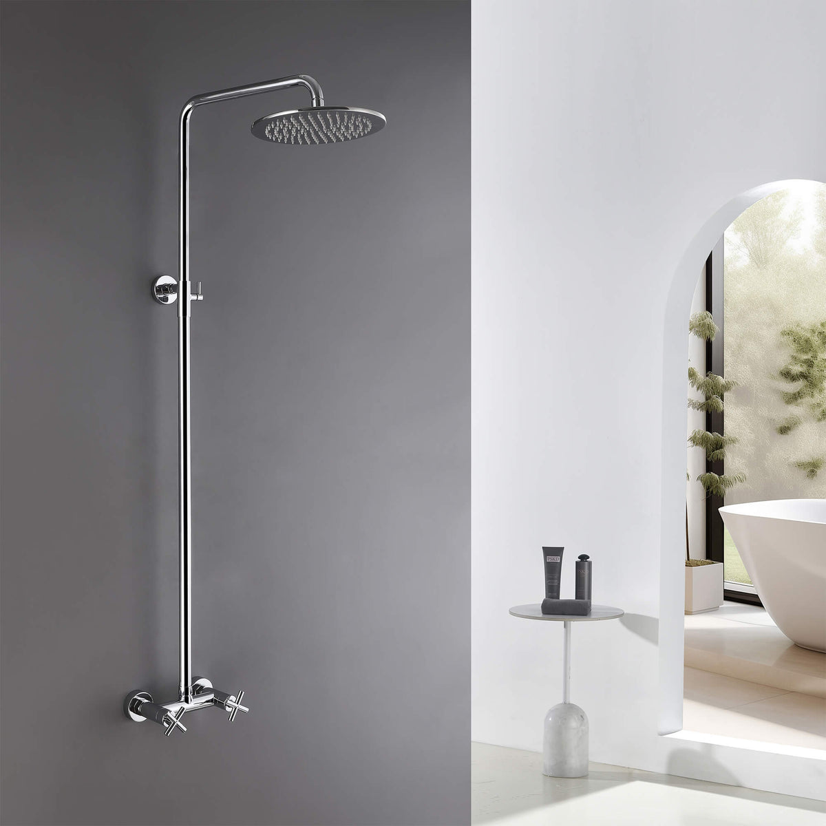 Wall-Mounted Dual Handle Outdoor Shower Fixture with 10-Inch Rain Head