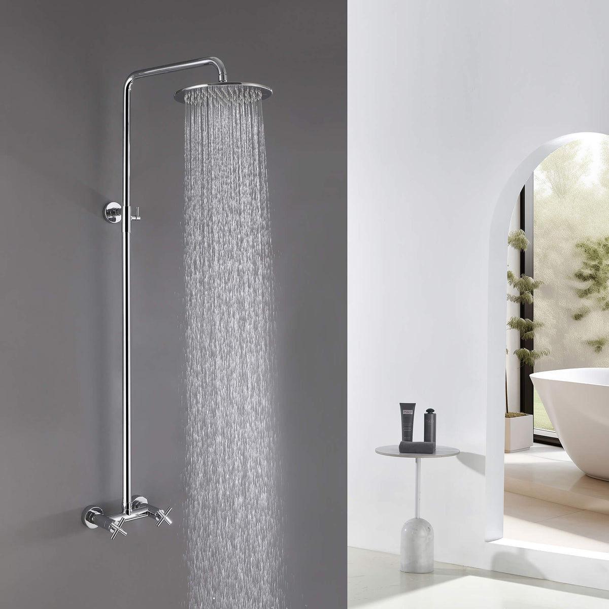 Wall-Mounted Dual Handle Outdoor Shower Fixture with 10-Inch Rain Head
