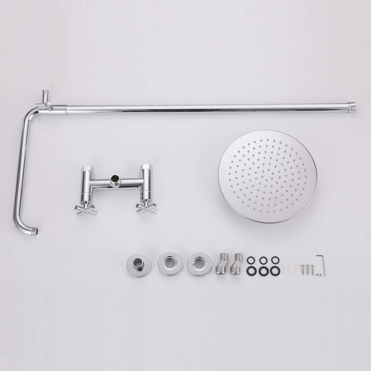 Wall-Mounted Dual Handle Outdoor Shower Fixture with 10-Inch Rain Head